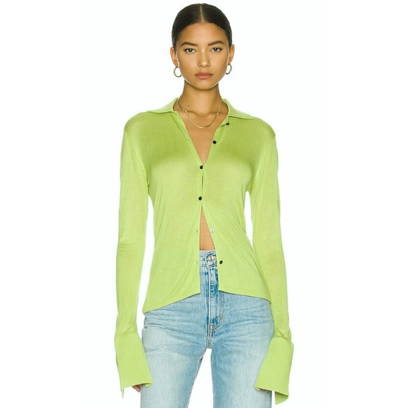 COMMENSE • Lime Green Exaggerated Long Sleeve Collared Button-Down Shirt - Picture 16 of 16